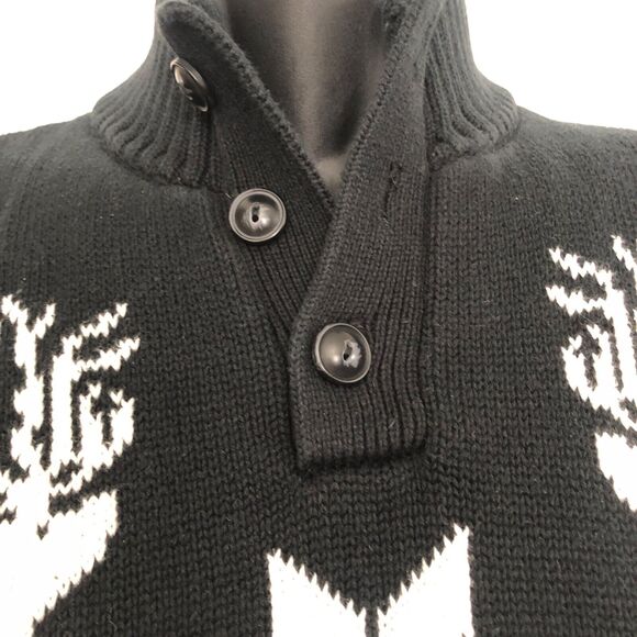 Chaps Fair Isle Sweater Reindeer Graphic Button Neck Black Cotton Large - Picture 5 of 8